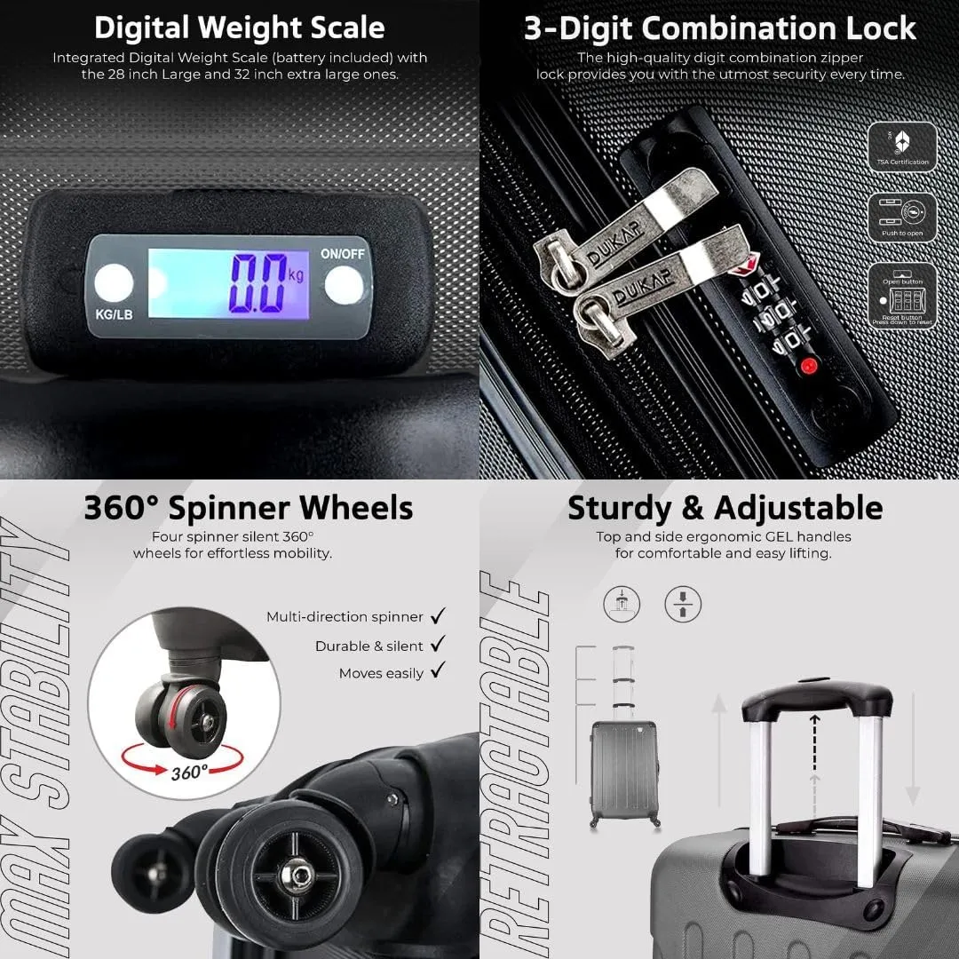 DUKAP INTELY Suitcase with Ergonomic GEL Handle | Spacious Hardside Travel Luggage with TSA Combination Lock and Digital Weight Scale | 32 Inch Large Suitcase | Grey
