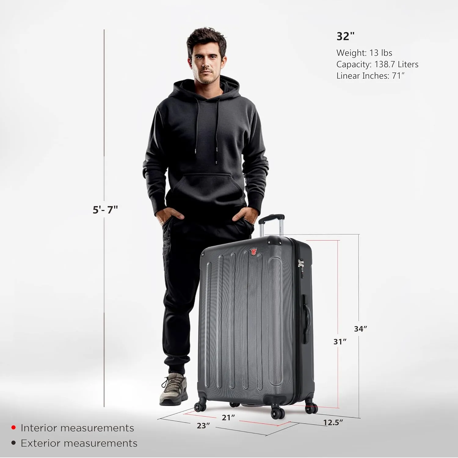 DUKAP INTELY Suitcase with Ergonomic GEL Handle | Spacious Hardside Travel Luggage with TSA Combination Lock and Digital Weight Scale | 32 Inch Large Suitcase | Grey