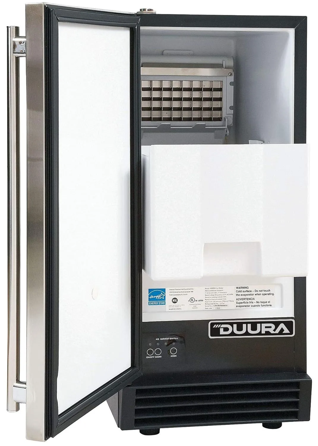 DUURA DI50P 65Lb Premium Clear Ice Cube Maker Machine with Drain Pump Blue LED and Energy Star Built-In Undercounter or Freestanding Household Residential or Commercial Use, 15 Inch Wide, Silver
