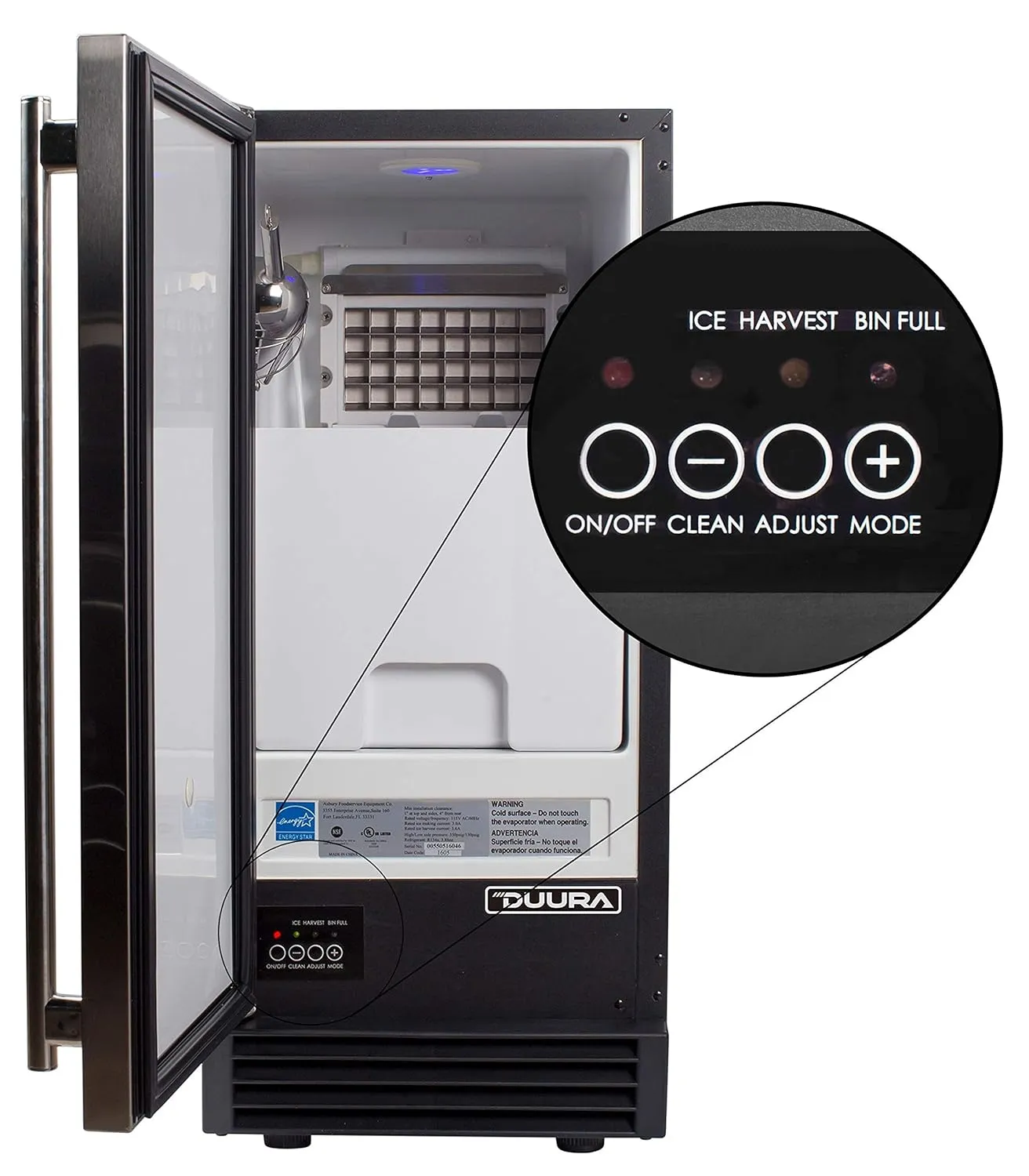 DUURA DI50P 65Lb Premium Clear Ice Cube Maker Machine with Drain Pump Blue LED and Energy Star Built-In Undercounter or Freestanding Household Residential or Commercial Use, 15 Inch Wide, Silver