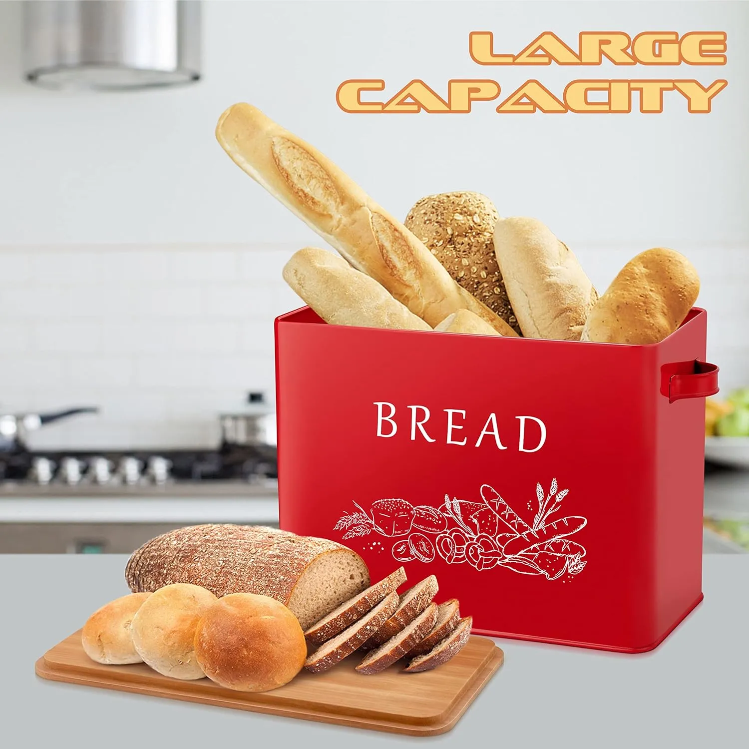E-far Bread Box for Kitchen Countertop, Metal Bread Storage Container Bin with Bamboo Lid for Cutting Bread, Extra Large & Farmhouse Style, 13” x 7.2” x9.8”, Red