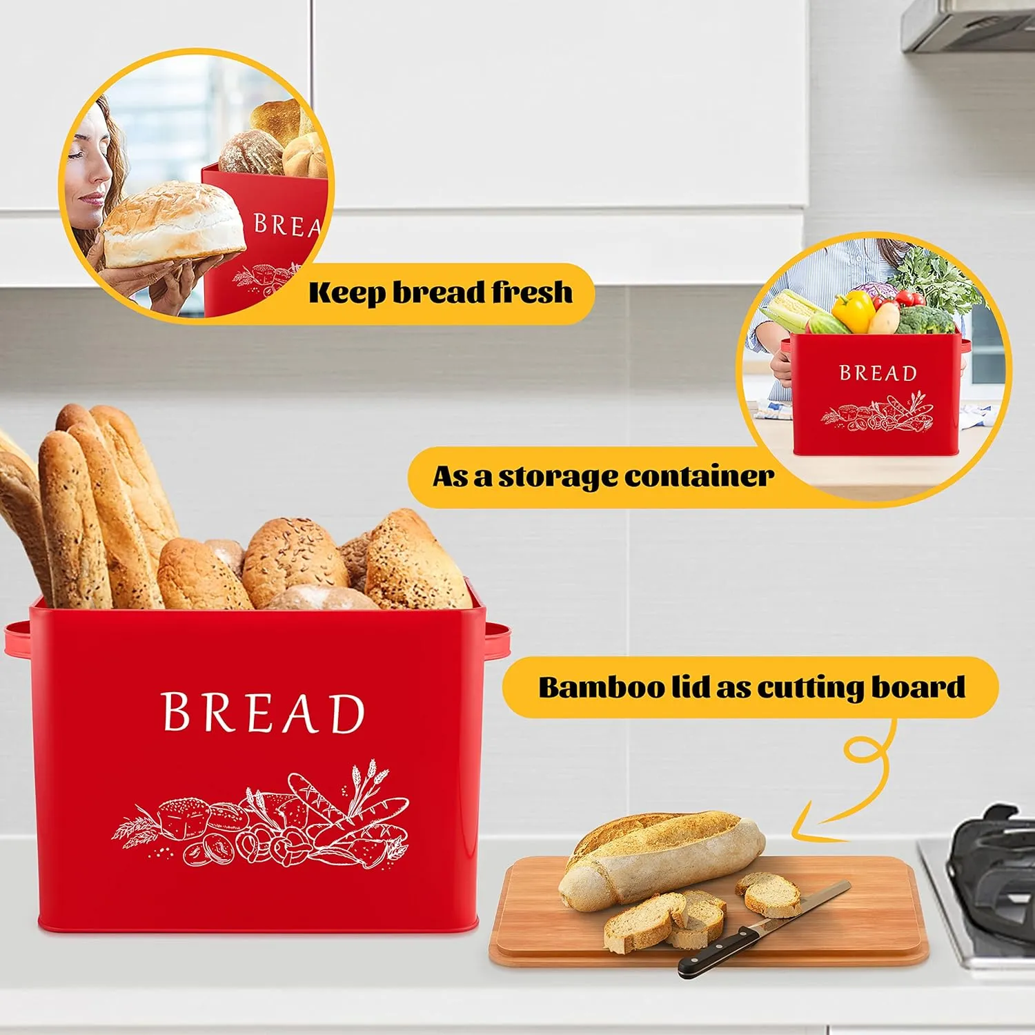 E-far Bread Box for Kitchen Countertop, Metal Bread Storage Container Bin with Bamboo Lid for Cutting Bread, Extra Large & Farmhouse Style, 13” x 7.2” x9.8”, Red