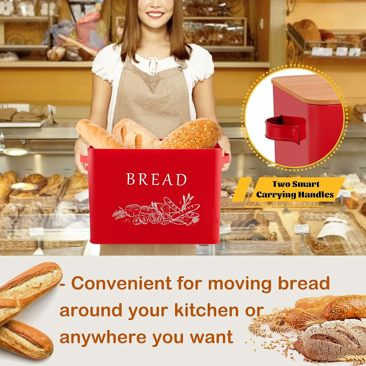 E-far Bread Box for Kitchen Countertop, Metal Bread Storage Container Bin with Bamboo Lid for Cutting Bread, Extra Large & Farmhouse Style, 13” x 7.2” x9.8”, Red