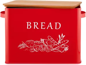 E-far Bread Box for Kitchen Countertop, Metal Bread Storage Container Bin with Bamboo Lid for Cutting Bread, Extra Large & Farmhouse Style, 13” x 7.2” x9.8”, Red