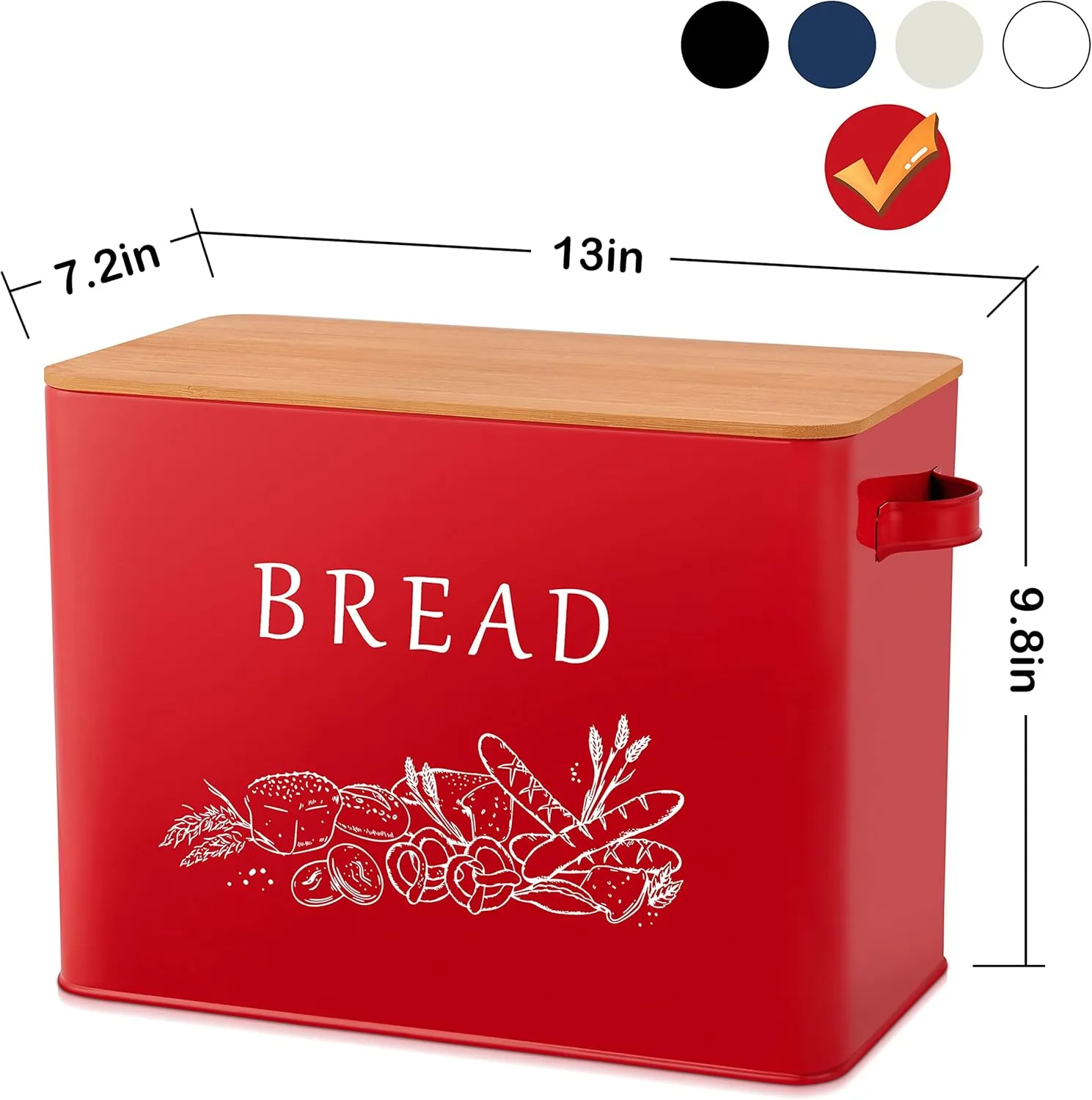 E-far Bread Box for Kitchen Countertop, Metal Bread Storage Container Bin with Bamboo Lid for Cutting Bread, Extra Large & Farmhouse Style, 13” x 7.2” x9.8”, Red