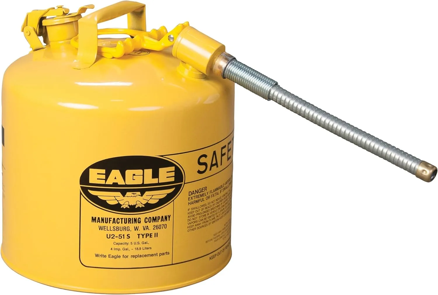 Eagle 5 Gallon Type II Yellow Safety Gas Can for Deisel with Flame Arrester, Self-Closing Lid, and 12" x 7/8" Flexible Metal Hose, Made in the USA, Galvanized Steel Flammable Storage Can, U251SY