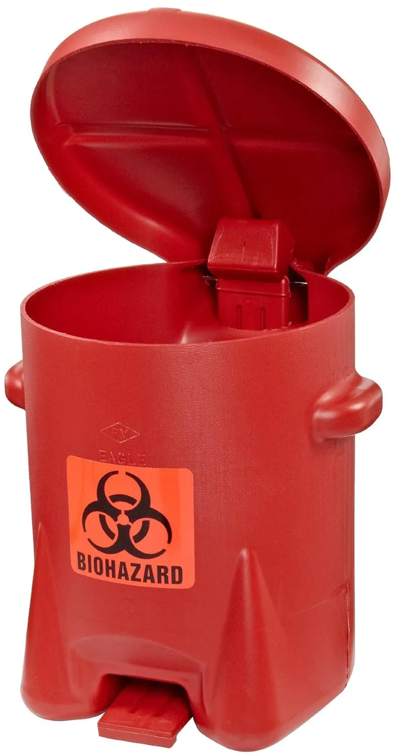Eagle 6 Gallon Biohazard Trash Can with Foot-Operated Self-Closing Lid, 16.5" x 13.5" x 16", Made in The USA from High-Density Polyethylene, Red, 943BIO