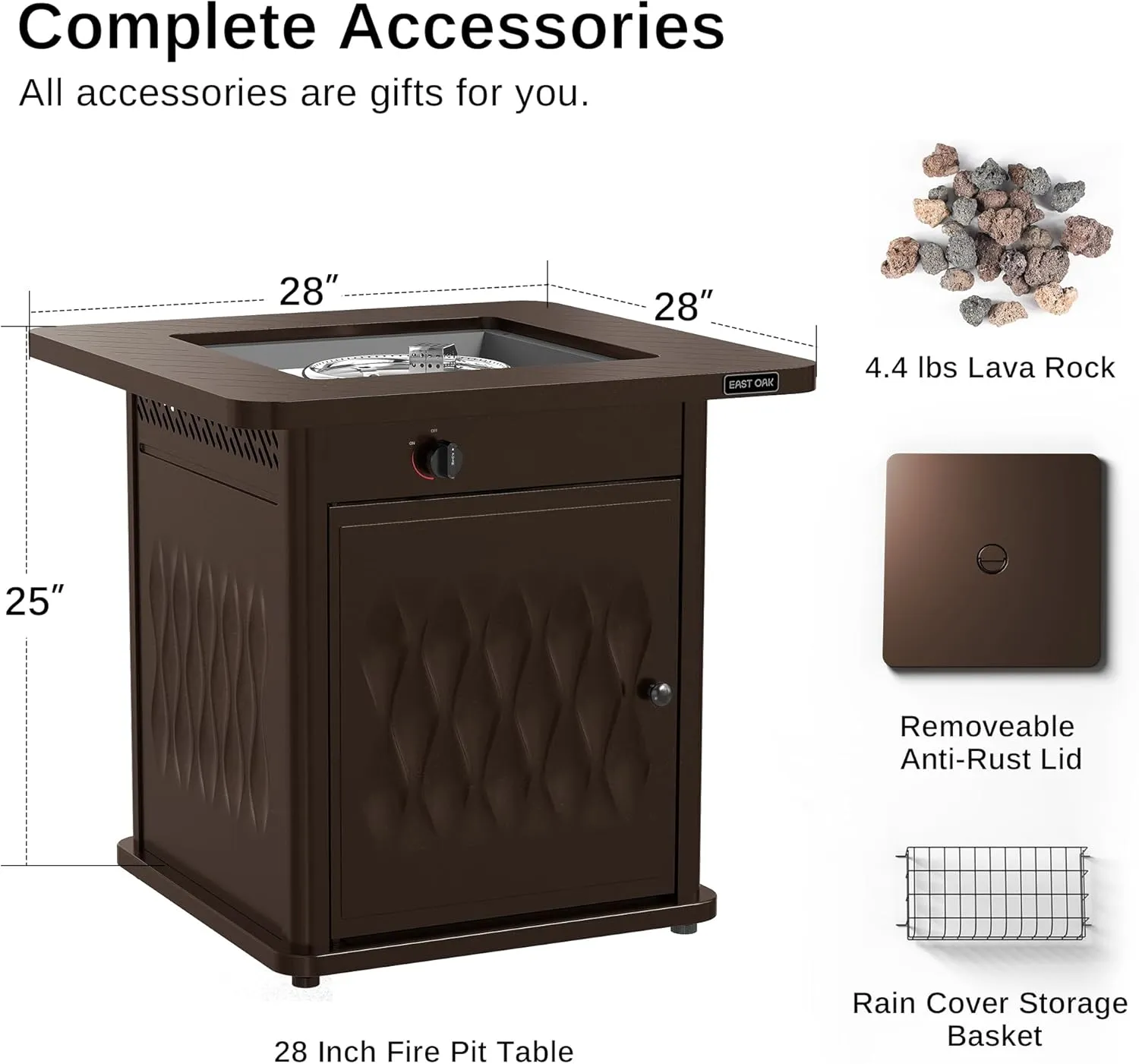 EAST OAK 28'' Propane Fire Pit Table, 50,000 BTU Steel Gas FirePit for Outdoor, Outside Patio Deck and Garden, CSA Certified Fire Table with Magnetic Lid, Cover-Storage Basket and Lava Rock , Brown
