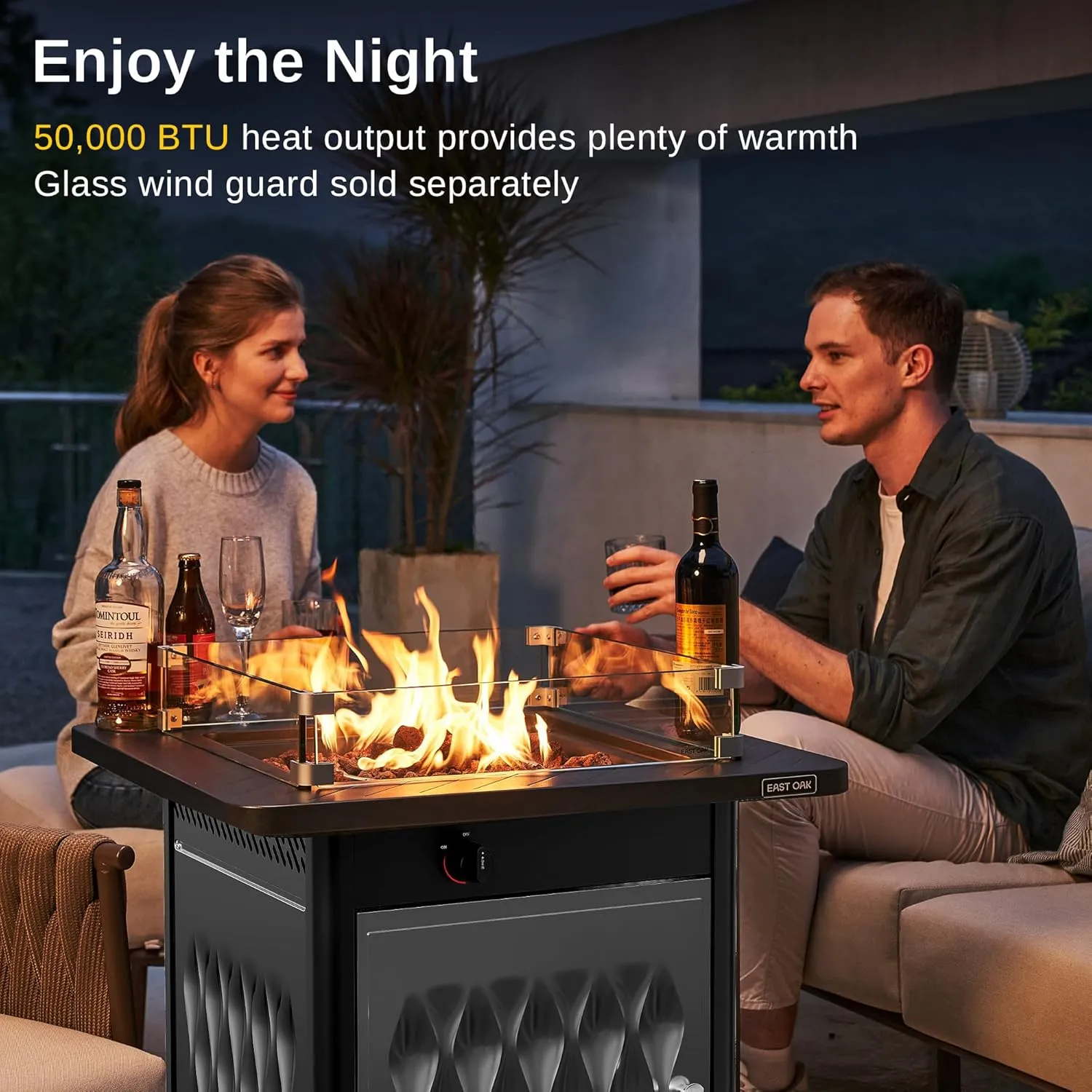 EAST OAK 28'' Stainless Steels Fire Pits Table, 50,000 BTU Upgraded Steel Gas FirePit for Outdoor, Outside Patio, CSA Certified Fire Table with Magnetic Lid, Cover-Storage Basket and Lava Rock, Black