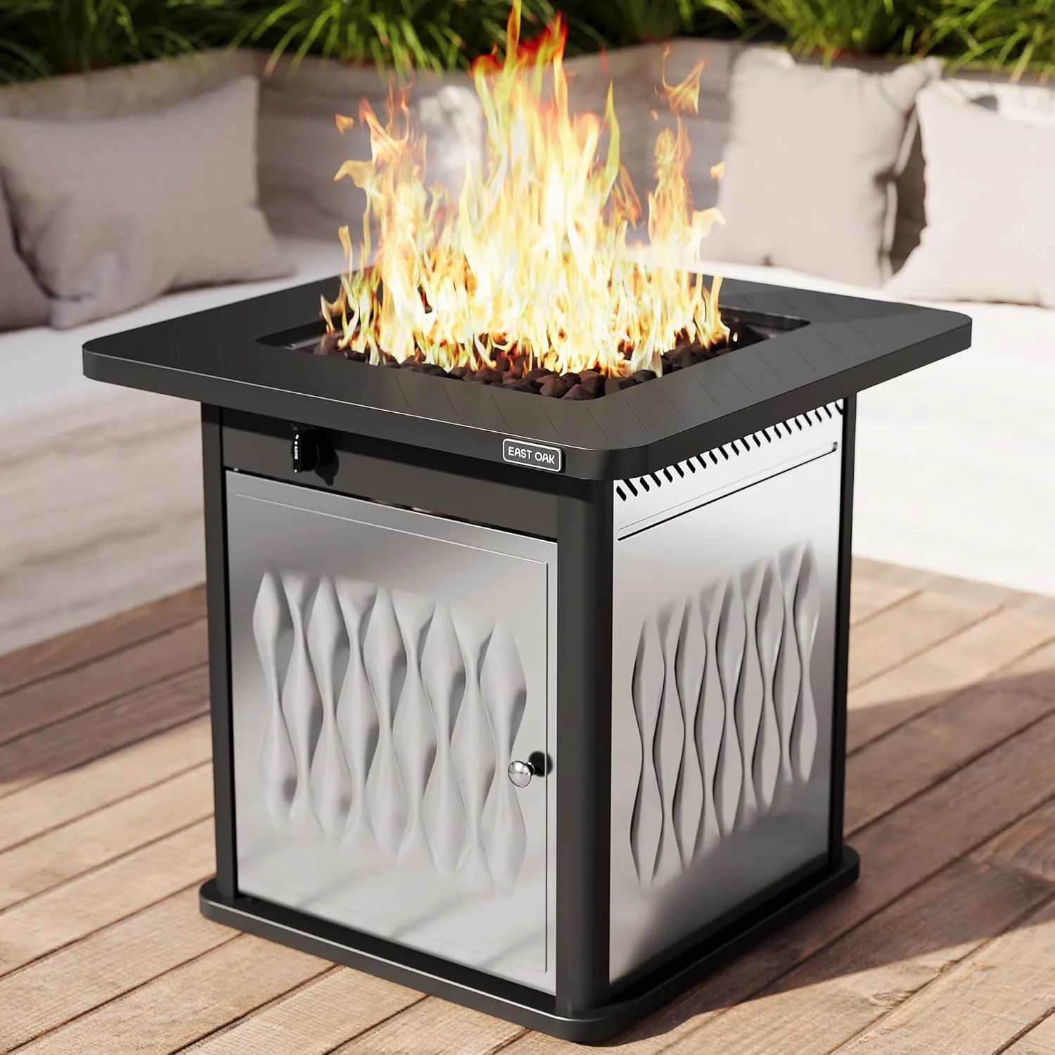 EAST OAK 28'' Stainless Steels Fire Pits Table, 50,000 BTU Upgraded Steel Gas FirePit for Outdoor, Outside Patio, CSA Certified Fire Table with Magnetic Lid, Cover-Storage Basket and Lava Rock, Black