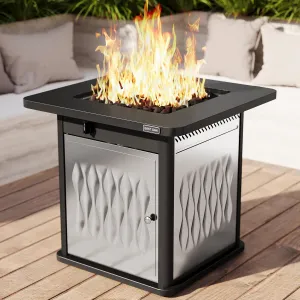 EAST OAK 28'' Stainless Steels Fire Pits Table, 50,000 BTU Upgraded Steel Gas FirePit for Outdoor, Outside Patio, CSA Certified Fire Table with Magnetic Lid, Cover-Storage Basket and Lava Rock, Black