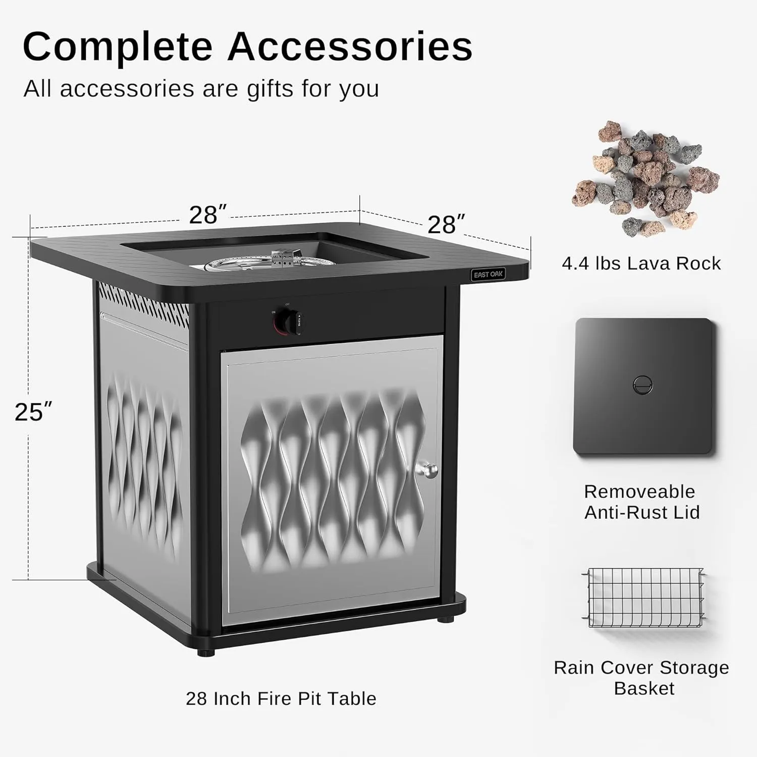 EAST OAK 28'' Stainless Steels Fire Pits Table, 50,000 BTU Upgraded Steel Gas FirePit for Outdoor, Outside Patio, CSA Certified Fire Table with Magnetic Lid, Cover-Storage Basket and Lava Rock, Black