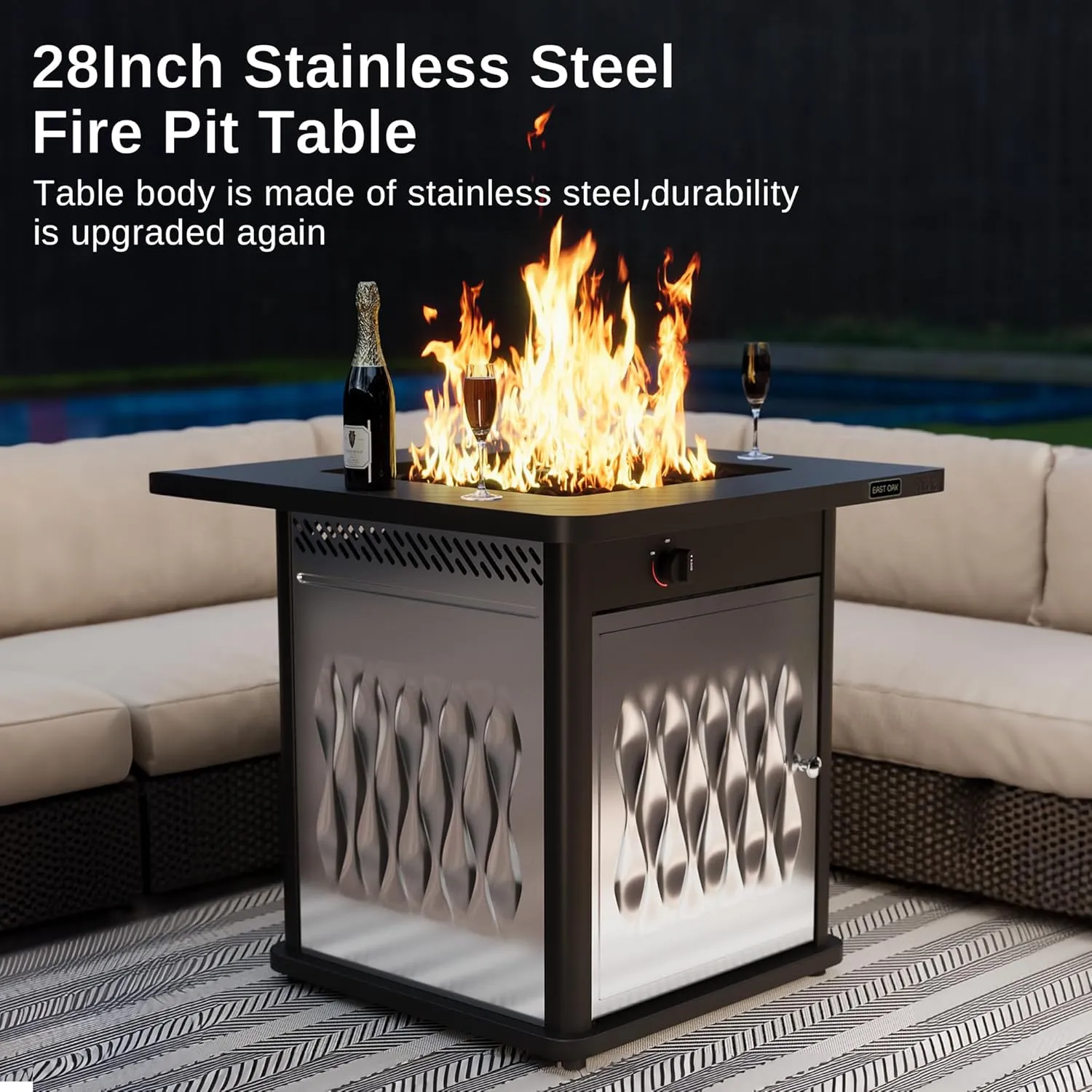 EAST OAK 28'' Stainless Steels Fire Pits Table, 50,000 BTU Upgraded Steel Gas FirePit for Outdoor, Outside Patio, CSA Certified Fire Table with Magnetic Lid, Cover-Storage Basket and Lava Rock, Black