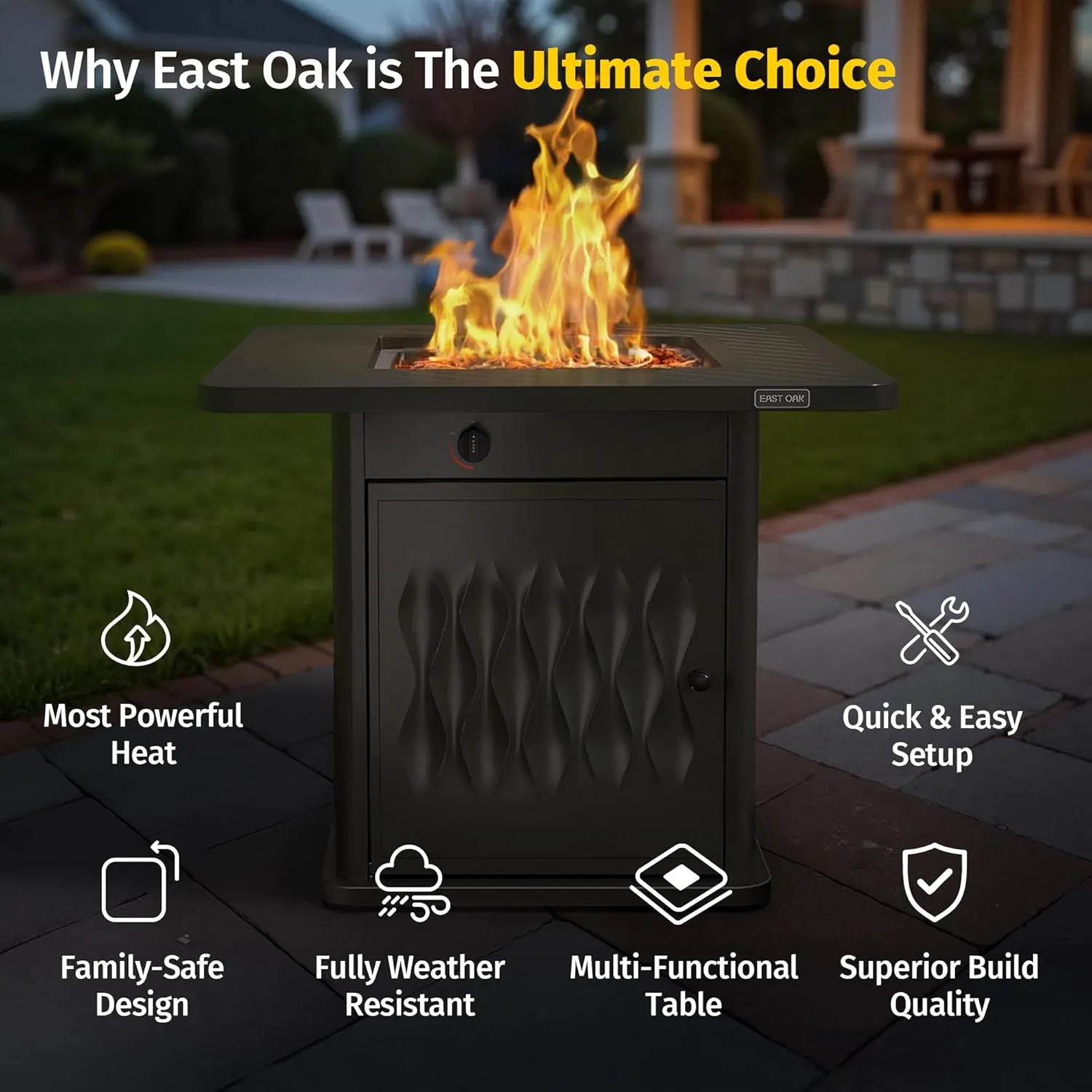 EAST OAK 32'' Propane Fire Pit Table, 50,000 BTU Steel Gas FirePit for Outdoor, Outside Patio Deck and Garden, CSA Certified Fire Table with Magnetic Lid, Cover-Storage Basket and Lava Rock, Black