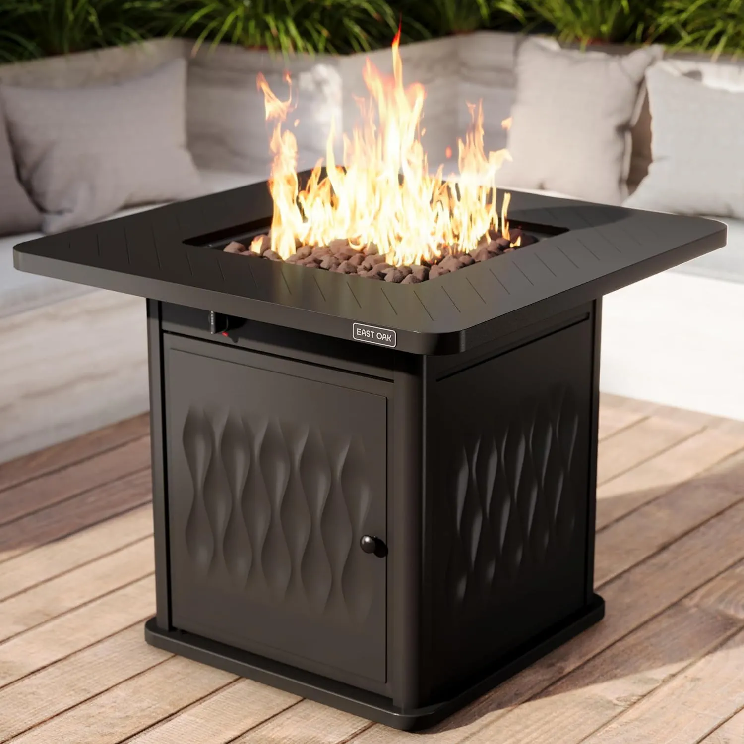 EAST OAK 32'' Propane Fire Pit Table, 50,000 BTU Steel Gas FirePit for Outdoor, Outside Patio Deck and Garden, CSA Certified Fire Table with Magnetic Lid, Cover-Storage Basket and Lava Rock , Black