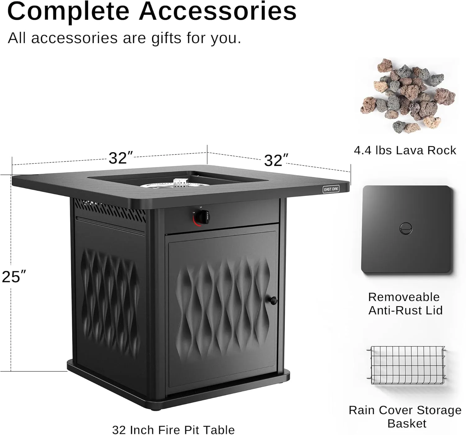 EAST OAK 32'' Propane Fire Pit Table, 50,000 BTU Steel Gas FirePit for Outdoor, Outside Patio Deck and Garden, CSA Certified Fire Table with Magnetic Lid, Cover-Storage Basket and Lava Rock , Black