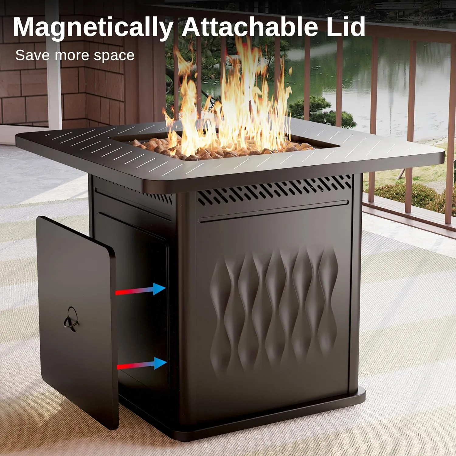 EAST OAK 32'' Propane Fire Pit Table, 50,000 BTU Steel Gas FirePit for Outdoor, Outside Patio Deck and Garden, CSA Certified Fire Table with Magnetic Lid, Cover-Storage Basket and Lava Rock , Black
