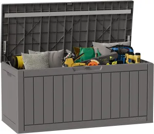 EAST OAK Outdoor Storage Box, 90 Gallon Deck Box, Waterproof Resin Storage Bin for Patio Cushions, Gardening Tools, Lockable, UV Resistant, Grey