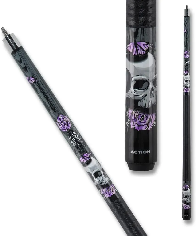EBM14 Pool Cue - Black with Grey Skulls,Purple Roses and Butterflies