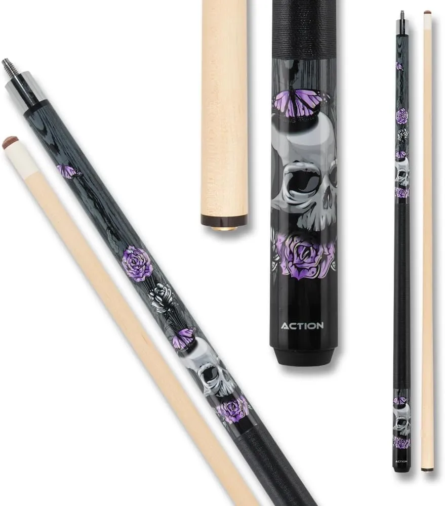 EBM14 Pool Cue - Black with Grey Skulls,Purple Roses and Butterflies