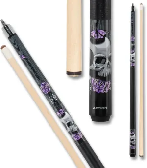 EBM14 Pool Cue - Black with Grey Skulls,Purple Roses and Butterflies