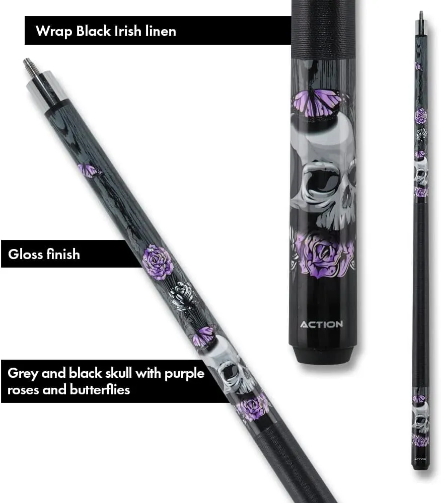 EBM14 Pool Cue - Black with Grey Skulls,Purple Roses and Butterflies