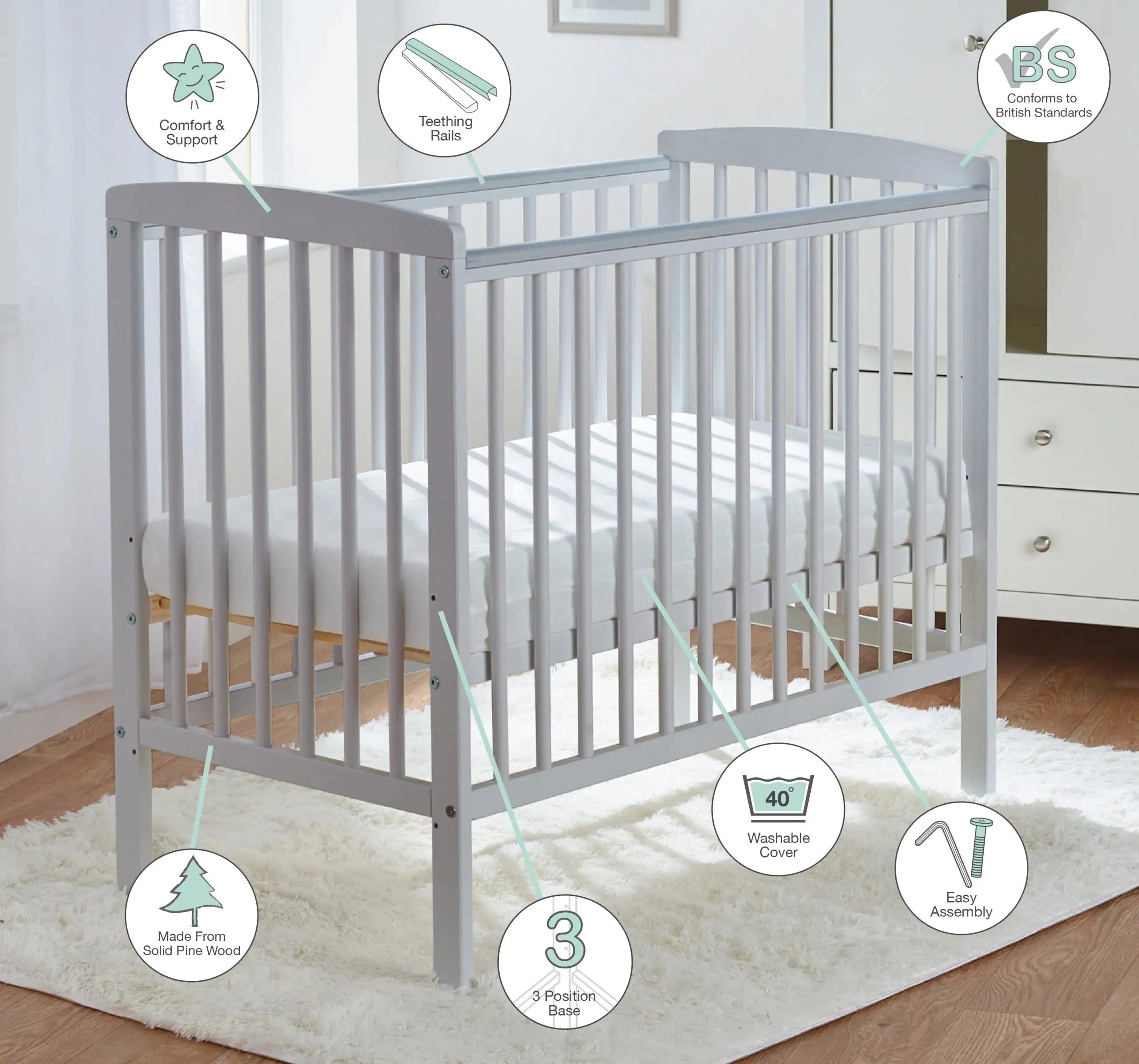 Eco-Conscious Kozie Cot | Space Saving Cot | With Deluxe Foam Mattress & Blanket Option | Solid Pine | Soft Grey