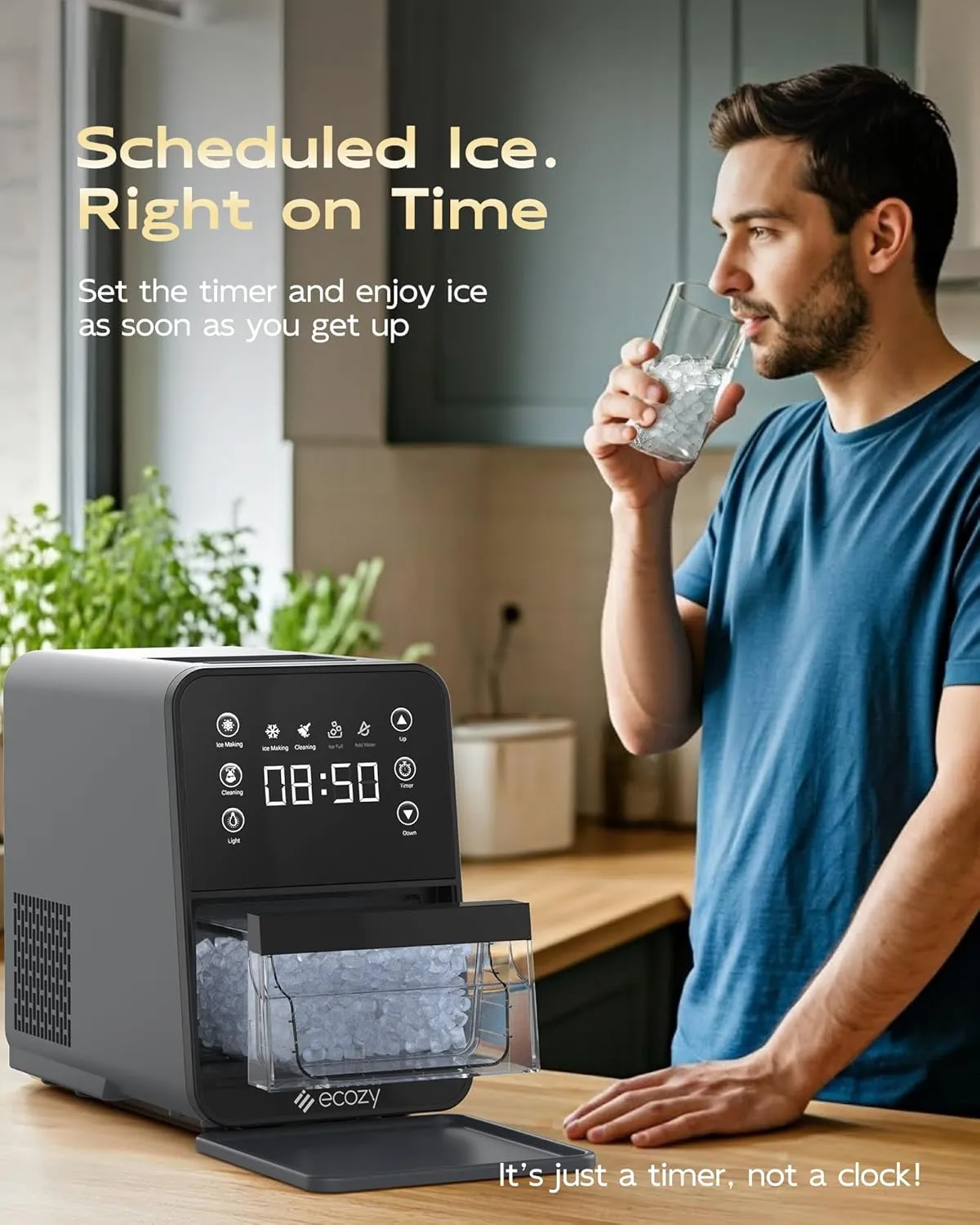 ecozy Nugget Ice Maker Countertop, Intuitive Ergonomic EcoScreen with One-Touch Timer, 33Lbs/24H Pebble Ice Maker Machine, Pull-Out Ice Basket with 3Lbs Storage, Self-Cleaning for Drinks & Cocktails