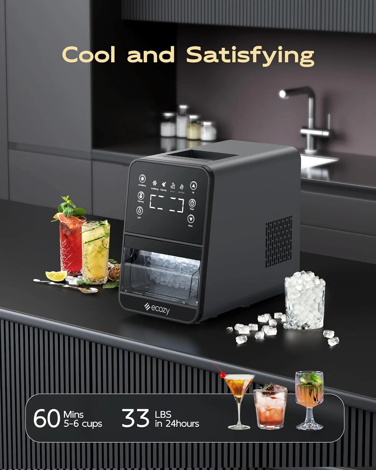 ecozy Nugget Ice Maker Countertop, Intuitive Ergonomic EcoScreen with One-Touch Timer, 33Lbs/24H Pebble Ice Maker Machine, Pull-Out Ice Basket with 3Lbs Storage, Self-Cleaning for Drinks & Cocktails