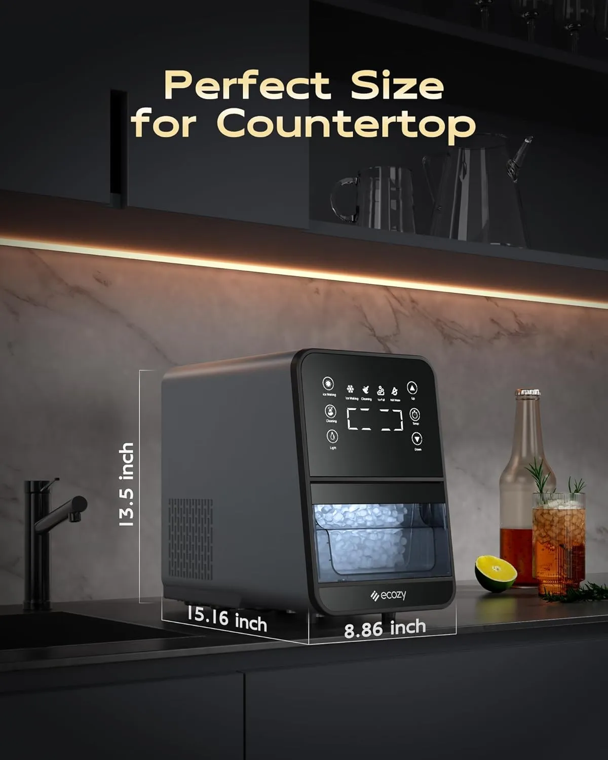 ecozy Nugget Ice Maker Countertop, Intuitive Ergonomic EcoScreen with One-Touch Timer, 33Lbs/24H Pebble Ice Maker Machine, Pull-Out Ice Basket with 3Lbs Storage, Self-Cleaning for Drinks & Cocktails
