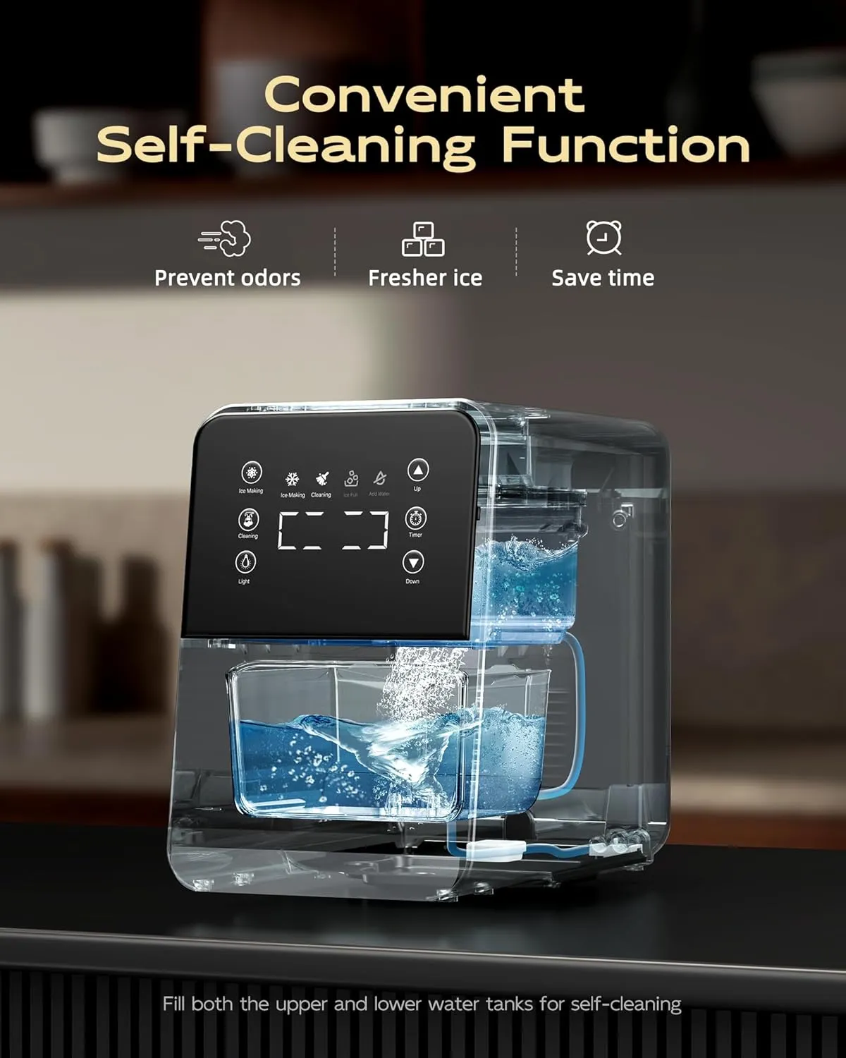 ecozy Nugget Ice Maker Countertop, Intuitive Ergonomic EcoScreen with One-Touch Timer, 33Lbs/24H Pebble Ice Maker Machine, Pull-Out Ice Basket with 3Lbs Storage, Self-Cleaning for Drinks & Cocktails