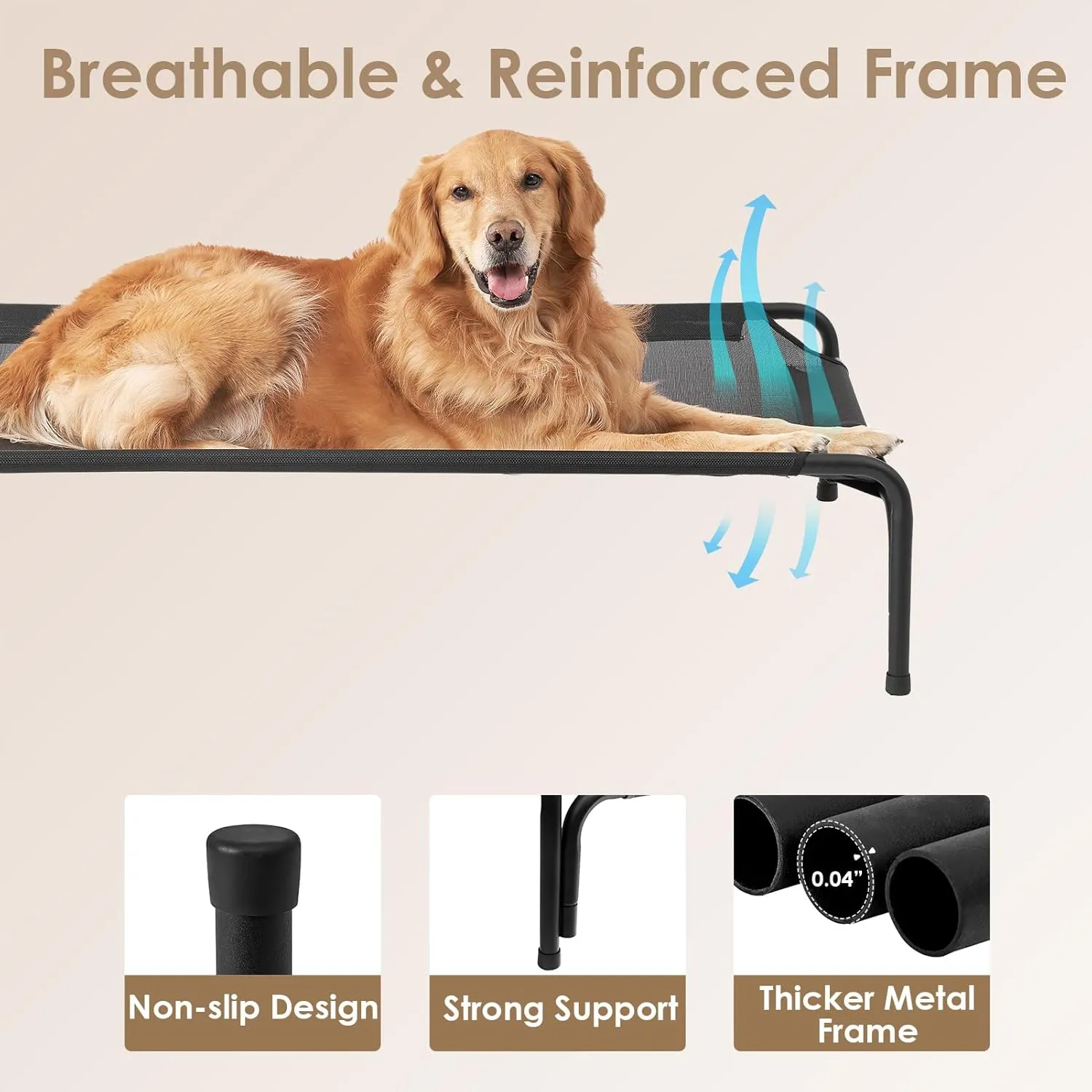 EHEYCIGA Reinforced Elevated XL Dog Cot Bed, Raised Outdoor Dog Hammock for Extra Large XLarge Dogs, Lifted Pet Platform with Frame and Washable Waterproof Teslin Mesh and Anti-Slip Feet, 47x31 inch