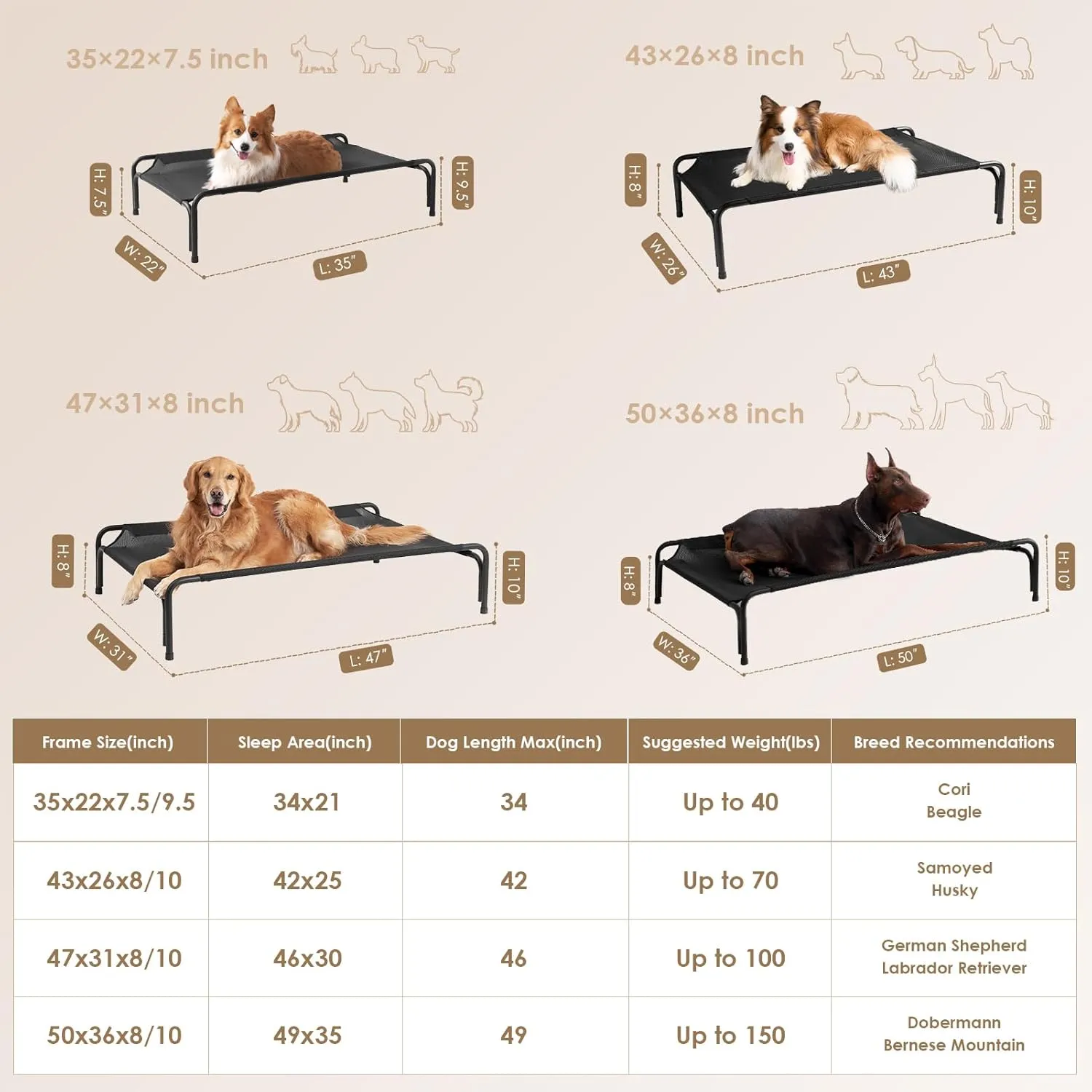 EHEYCIGA Reinforced Elevated XL Dog Cot Bed, Raised Outdoor Dog Hammock for Extra Large XLarge Dogs, Lifted Pet Platform with Frame and Washable Waterproof Teslin Mesh and Anti-Slip Feet, 47x31 inch