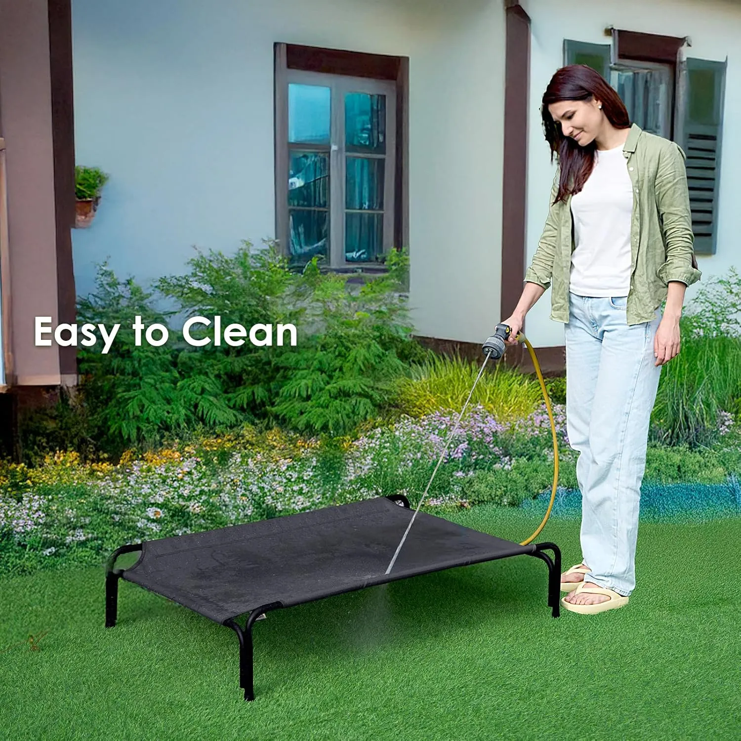 EHEYCIGA Reinforced Elevated XL Dog Cot Bed, Raised Outdoor Dog Hammock for Extra Large XLarge Dogs, Lifted Pet Platform with Frame and Washable Waterproof Teslin Mesh and Anti-Slip Feet, 47x31 inch