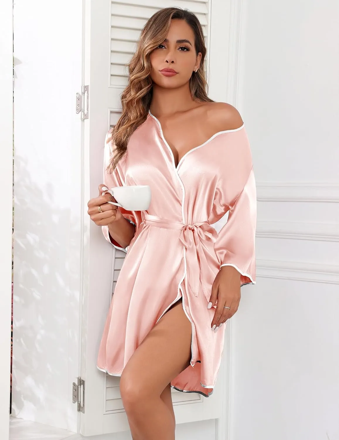 Ekouaer Women Silk Robes Short Satin Bathrobe 3/4 Sleeve Kimono Bride Robe Valentines Silky Sleepwear with Pockets S-XXL