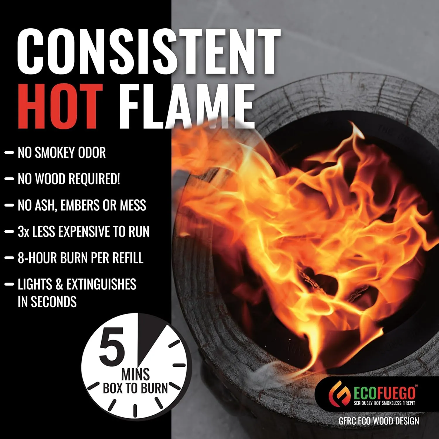 El Fuego Portable Wax Burning Fire Pit - Easy Start, Clean-Burning, No Wood Smoke with 8-Hour Starter Wax Fuel for Interval Burning - Ideal for Patios, Camping and Outdoor Use - Wood Pattern, Black
