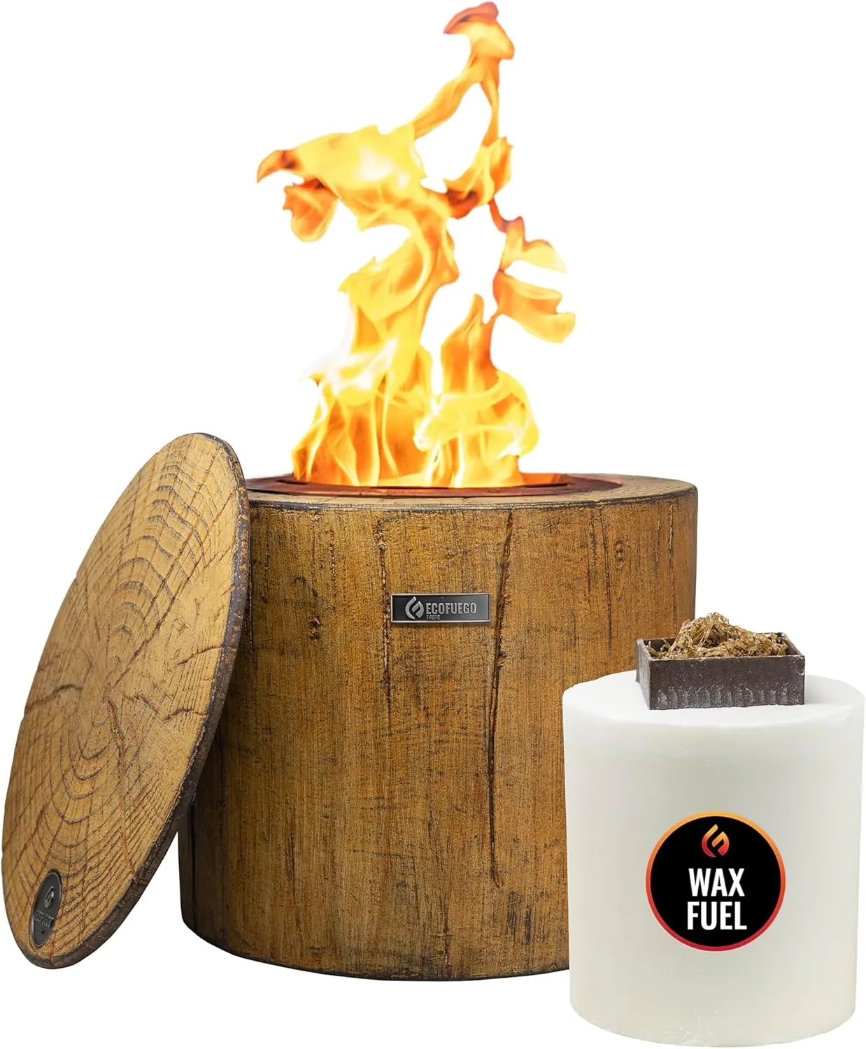 El Fuego Portable Wax Burning Fire Pit - Easy Start, Clean-Burning, No Wood Smoke with 8-Hour Starter Wax Fuel for Interval Burning - Ideal for Patios, Camping and Outdoor Use - Wood Pattern, Brown