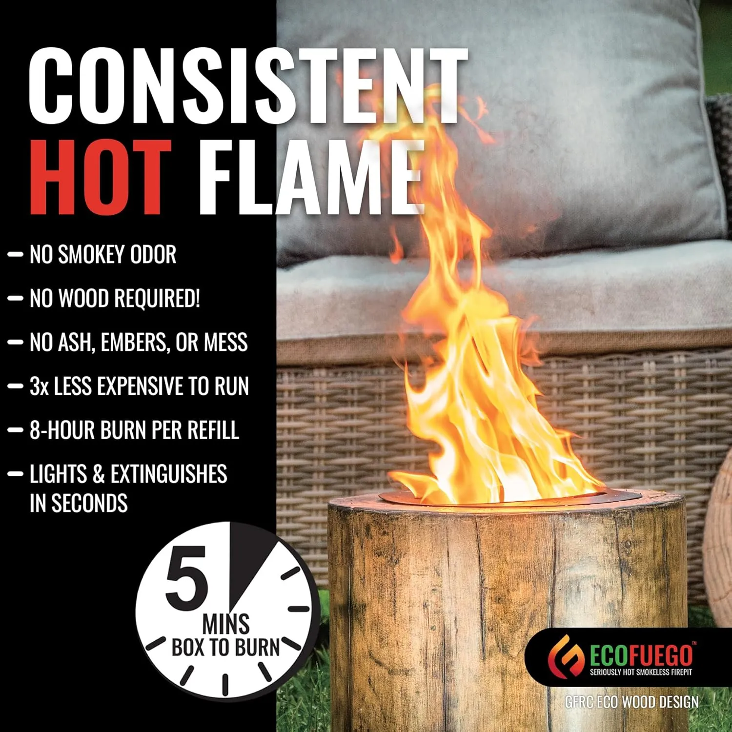 El Fuego Portable Wax Burning Fire Pit - Easy Start, Clean-Burning, No Wood Smoke with 8-Hour Starter Wax Fuel for Interval Burning - Ideal for Patios, Camping and Outdoor Use - Wood Pattern, Brown