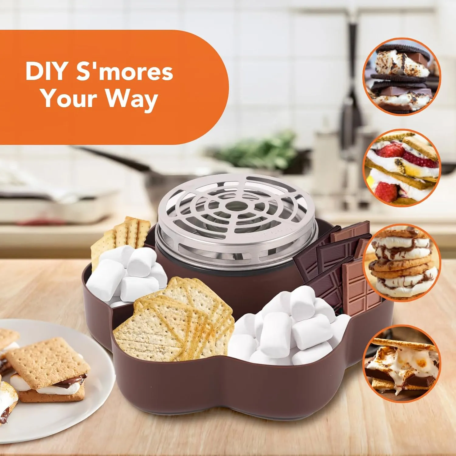 Electric S'mores Maker Tabletop Indoor, Flameless Marshmallow Roaster, Smores Kit with 6 Compartment Trays and 4 Forks, Housewarming Gifts for New House