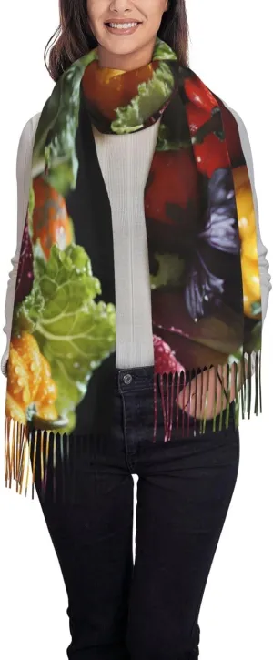 Elegant Fresh Cabbage Print Tassel Scarf – Women's Fringed Cotton Wrap, Versatile Shawl for All Seasons, Soft and Warm