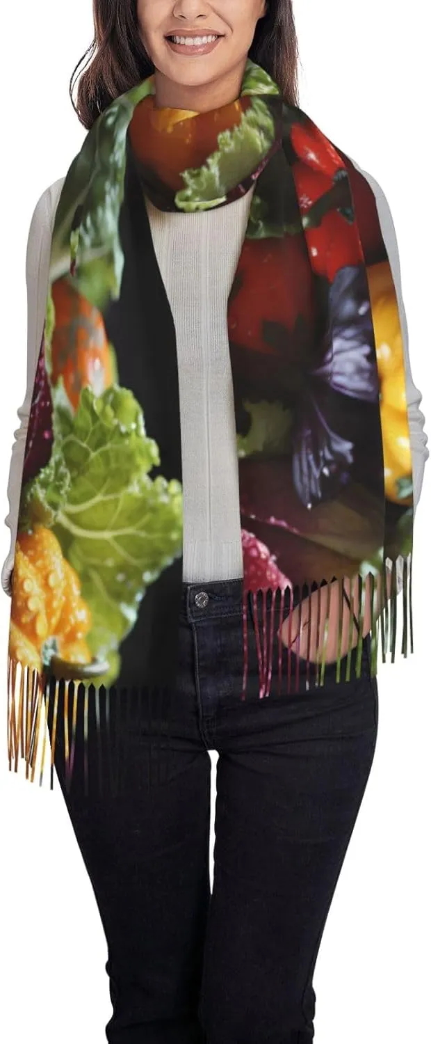Elegant Fresh Cabbage Print Tassel Scarf – Women's Fringed Cotton Wrap, Versatile Shawl for All Seasons, Soft and Warm