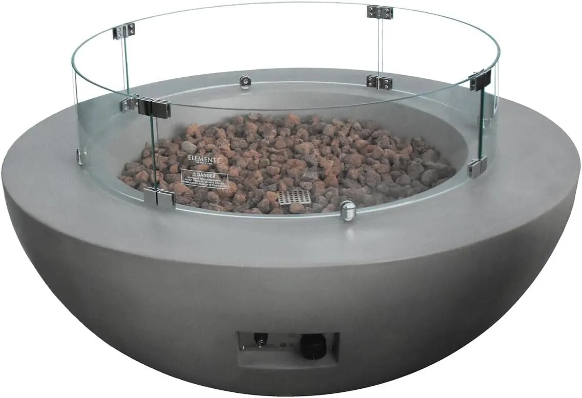 Elementi Lunar Bowl Fire Pit Bundle Outdoor Firepit Set Includes 42” Propane Concrete Firepit, Glass Windscreen, Stainless Steel Cover, Tank Cover, Canvas Cover, Floor Mat, Ice Bucket