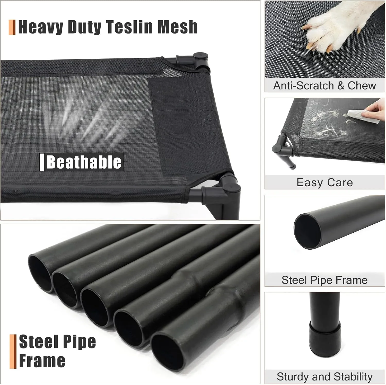 Elevated Dog Bed for Large Dogs, Raised Dog Cot Beds Fits Up to 150 LBs, Heavy Duty Pet Cots with Durable Supportive Teslin Recyclable Washable Mesh, Indoor & Outdoor Dog Bed, Black