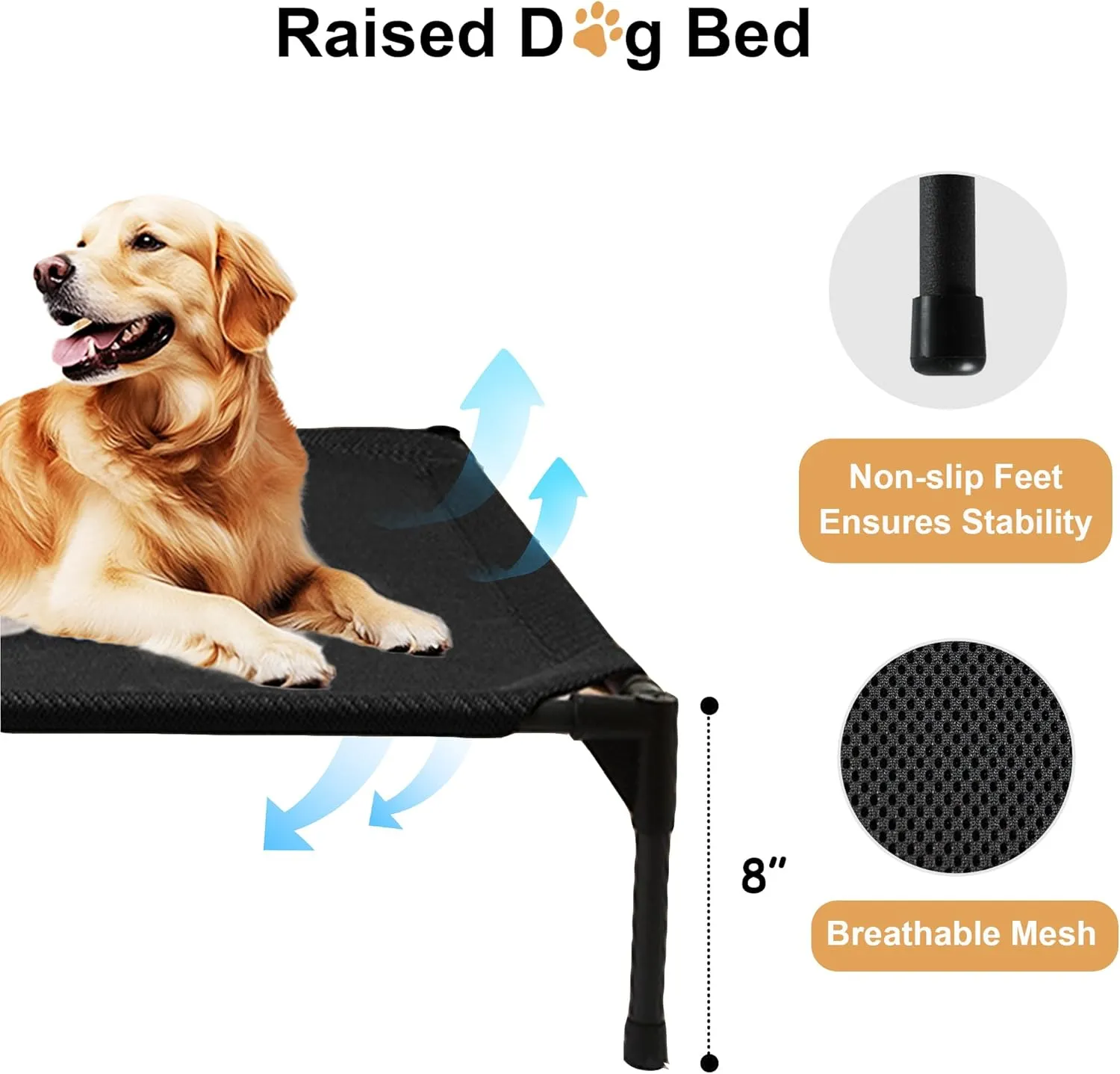 Elevated Dog Beds for Medium Dogs, Portable Raised Medium Dog Bed for Indoor & Outdoor Use, No-Slip Feet Pet Cots, Pet Hammock with Breathable Mesh, Black