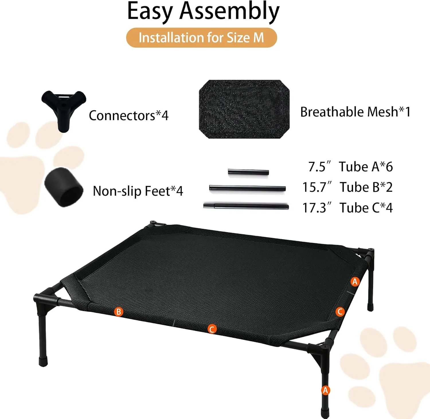 Elevated Dog Beds for Medium Dogs, Portable Raised Medium Dog Bed for Indoor & Outdoor Use, No-Slip Feet Pet Cots, Pet Hammock with Breathable Mesh, Black