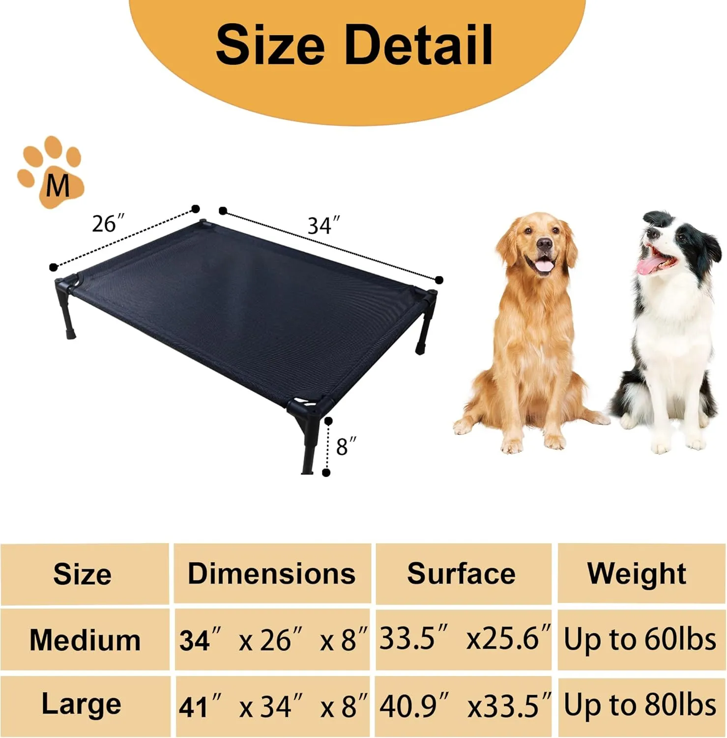 Elevated Dog Beds for Medium Dogs, Portable Raised Medium Dog Bed for Indoor & Outdoor Use, No-Slip Feet Pet Cots, Pet Hammock with Breathable Mesh, Black