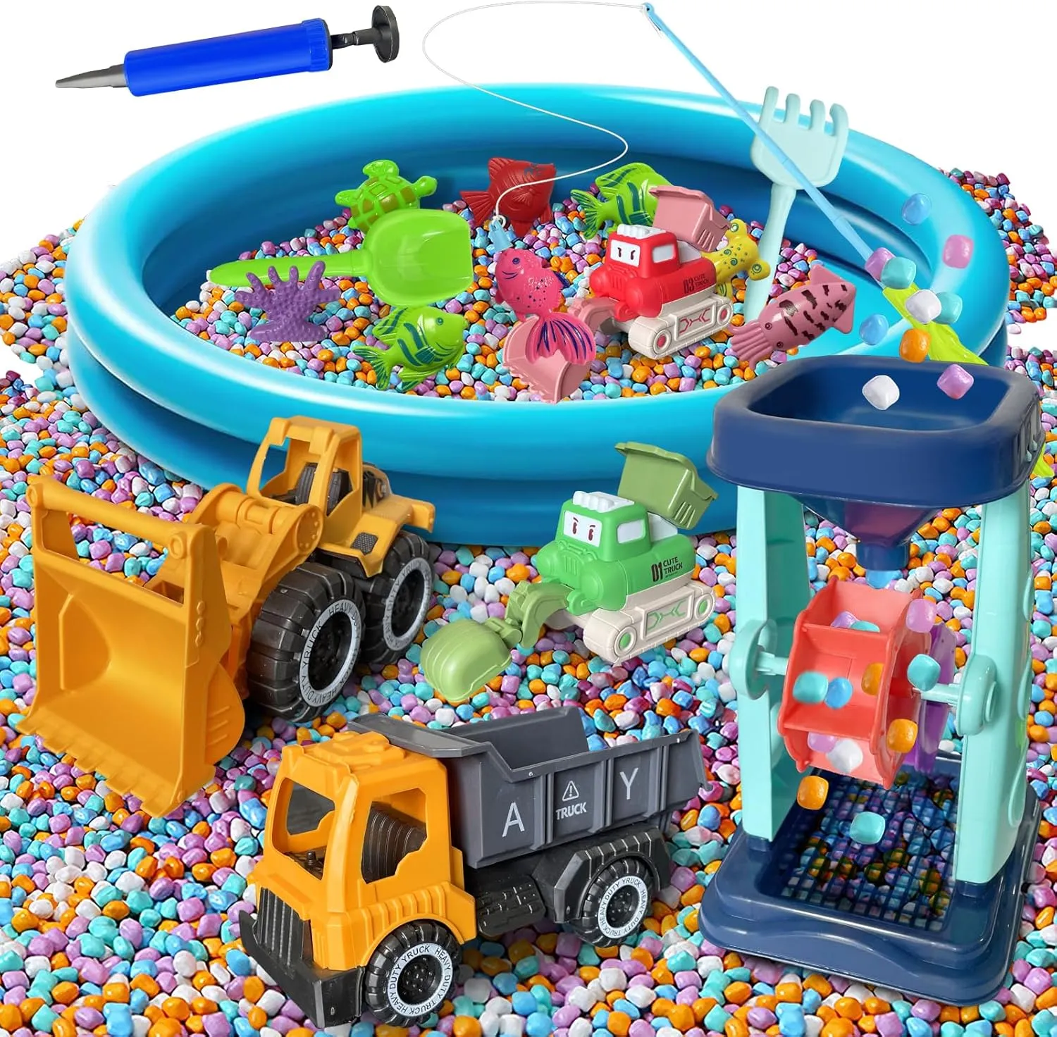 Elfew Construction Truck Sensory Bin Toys for Kids Ages 3-8, Construction Trucks Play Art Kit with 4.4lbs Gravel Rocks, 4 Construction Vehicles, Fishing Toys, Mess-Free Indoor Outdoor Activities Play