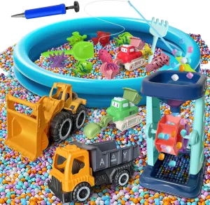 Elfew Construction Truck Sensory Bin Toys for Kids Ages 3-8, Construction Trucks Play Art Kit with 4.4lbs Gravel Rocks, 4 Construction Vehicles, Fishing Toys, Mess-Free Indoor Outdoor Activities Play