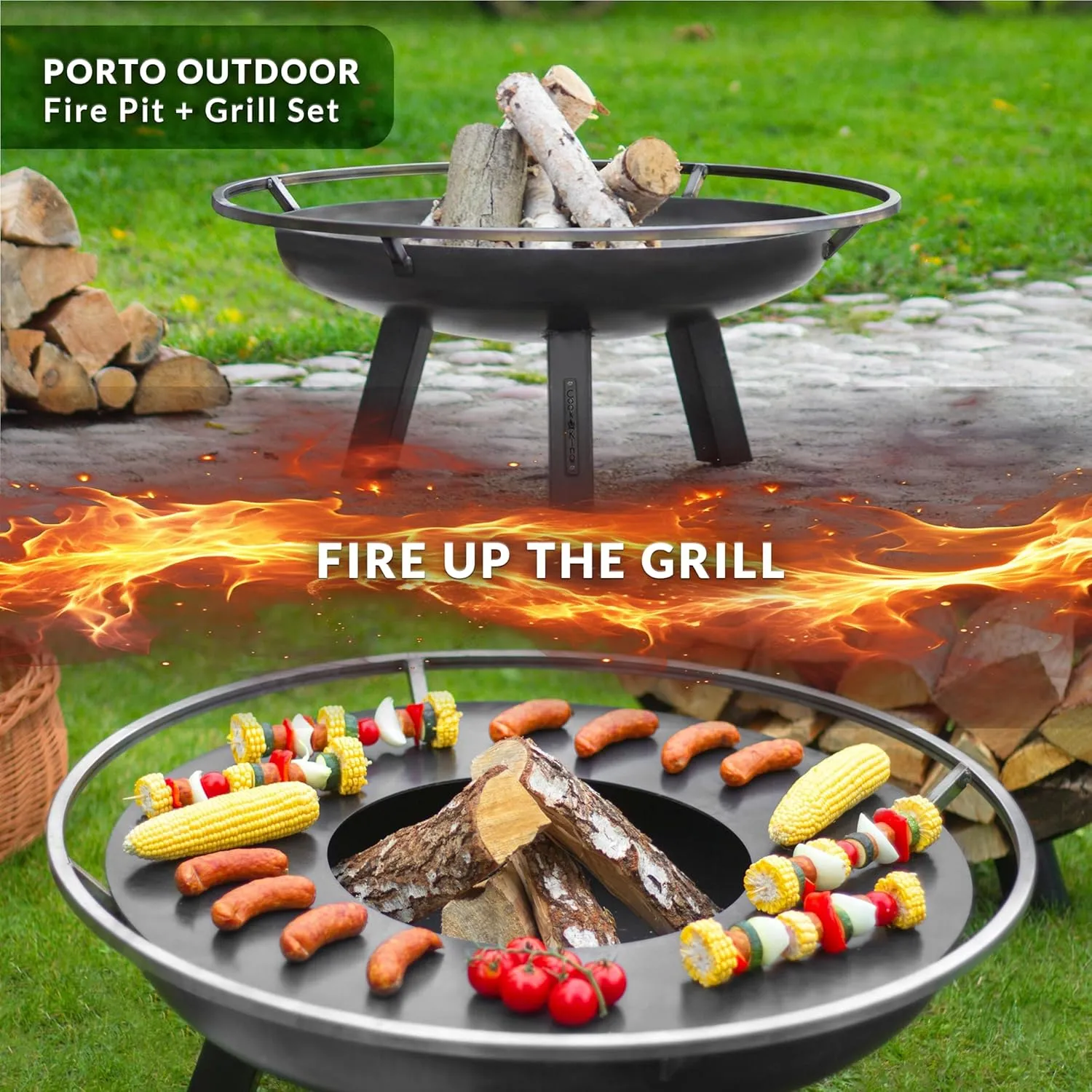 Ember 32" Handcrafted Cooking Fire Pit, Cooking Grill Plate Attachment and Cover Lid Attachment for Wood Burning for Backyard Grilling Campfire for Camping, Outdoor Steel, Good Directions Firepit