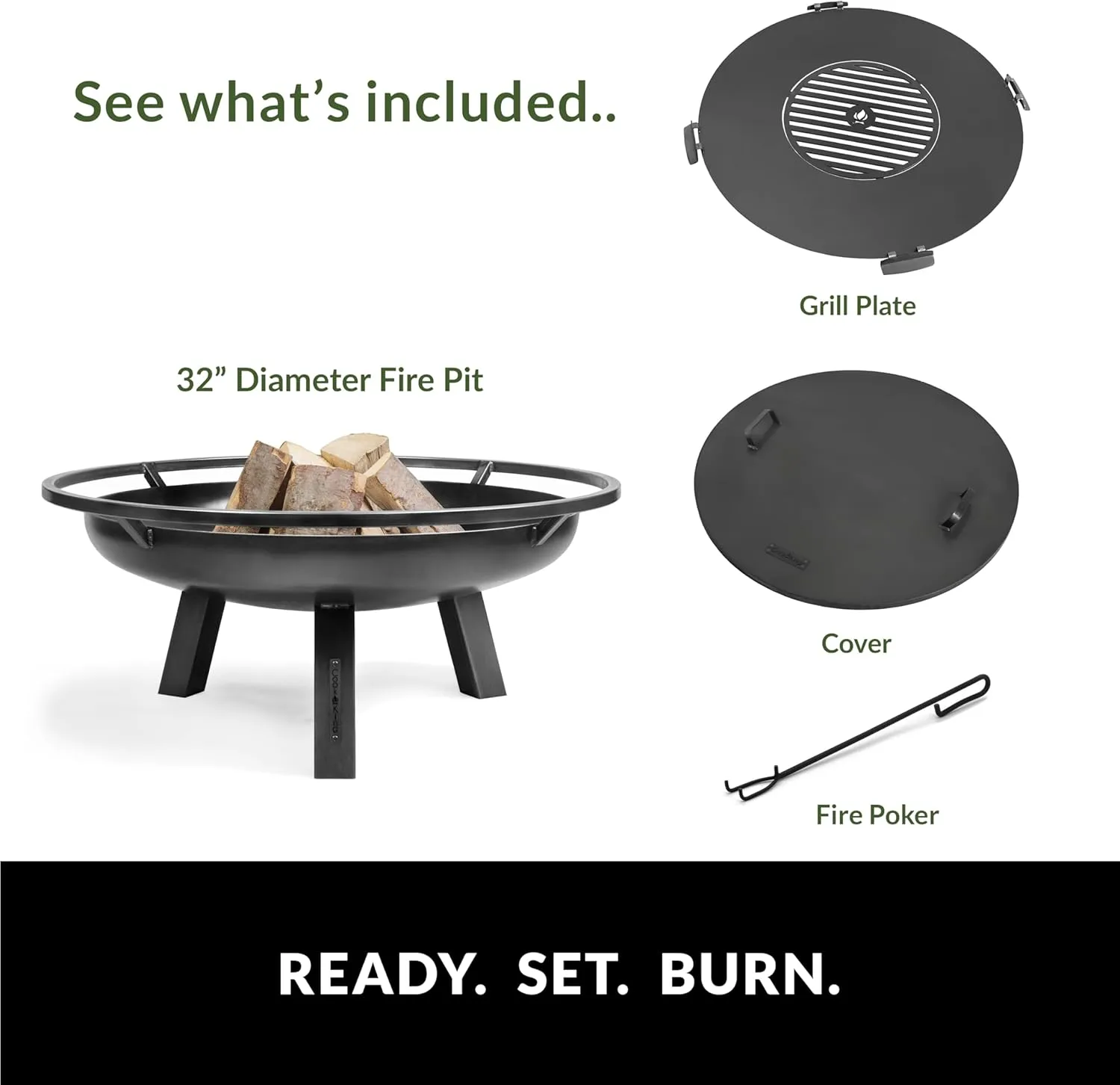Ember 32" Handcrafted Cooking Fire Pit, Cooking Grill Plate Attachment and Cover Lid Attachment for Wood Burning for Backyard Grilling Campfire for Camping, Outdoor Steel, Good Directions Firepit
